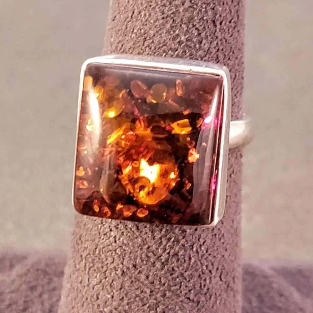 Vintage Sterling Baltic Amber Cab Rectangle Statement Ring Sz 6